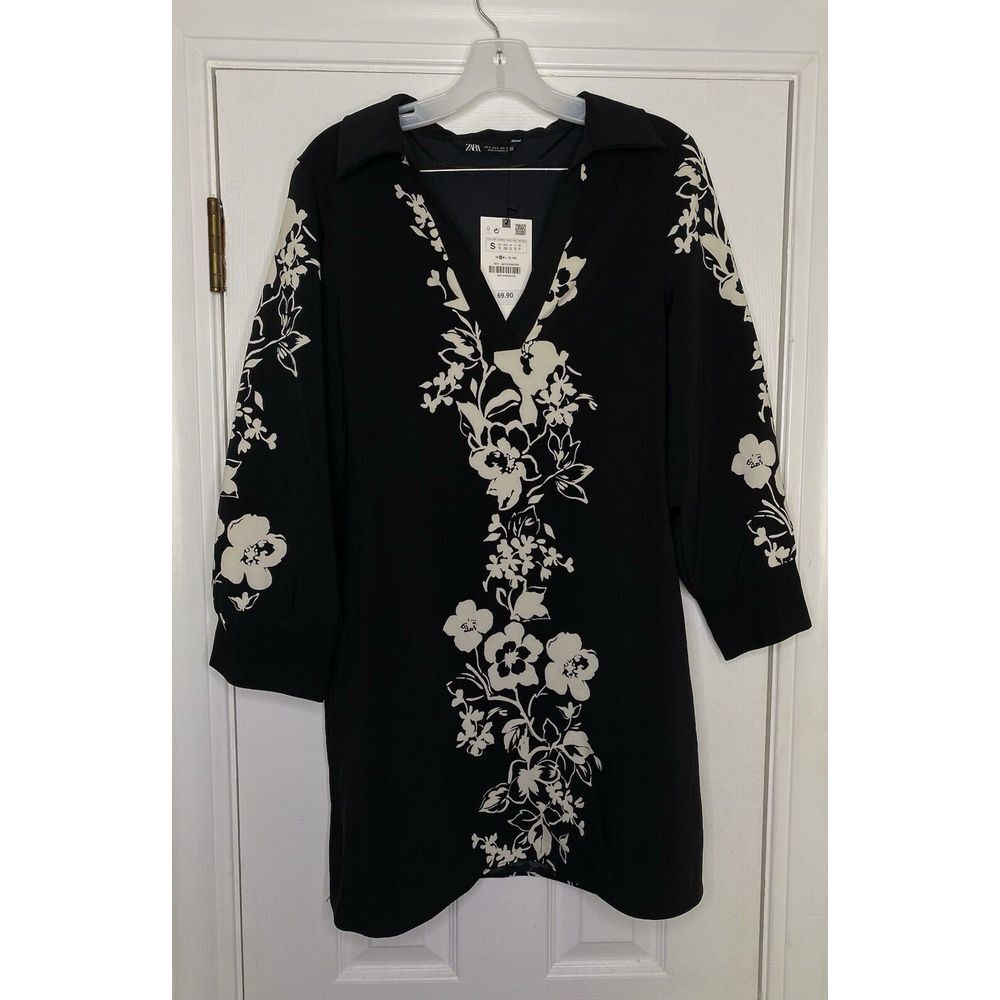 Zara Women's A-Line Silhouette Long‎ Sleeve Mini Dress Black Floral Small New